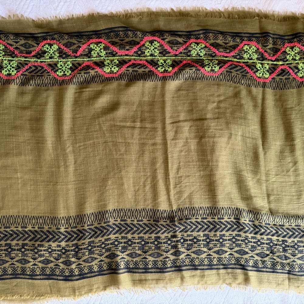 Embroidered Olive Green Scarf